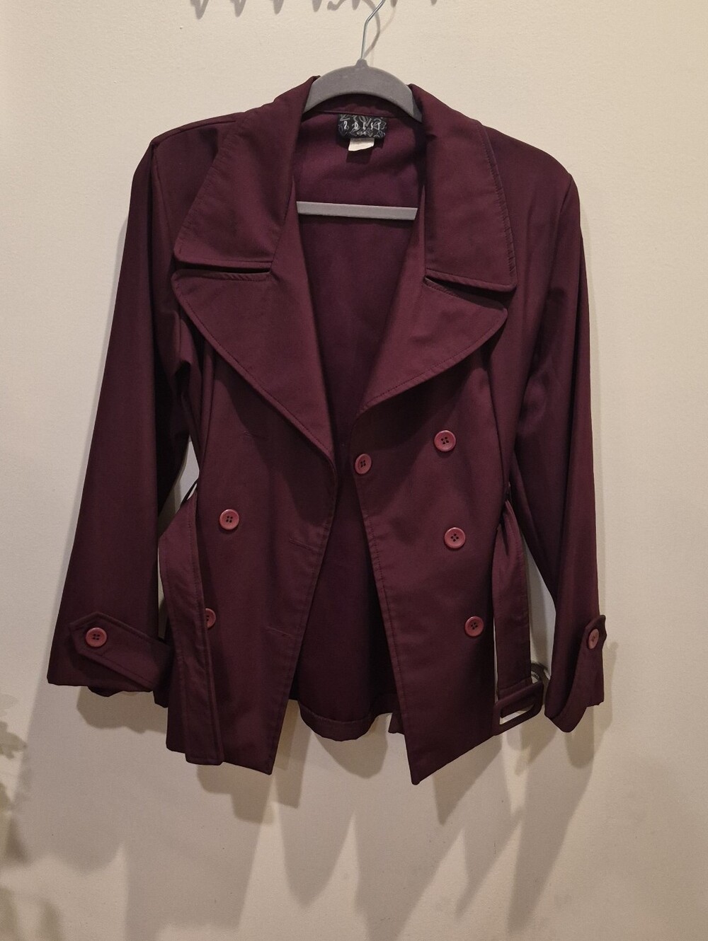 Classic Women's Belted Pea Coat - Burgundy - Picture 8 of 9